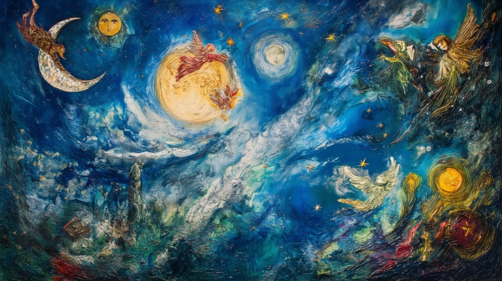 Textured celestial painting in deep blues and yellows: moons, stars, and winged figures in a dreamlike night sky.